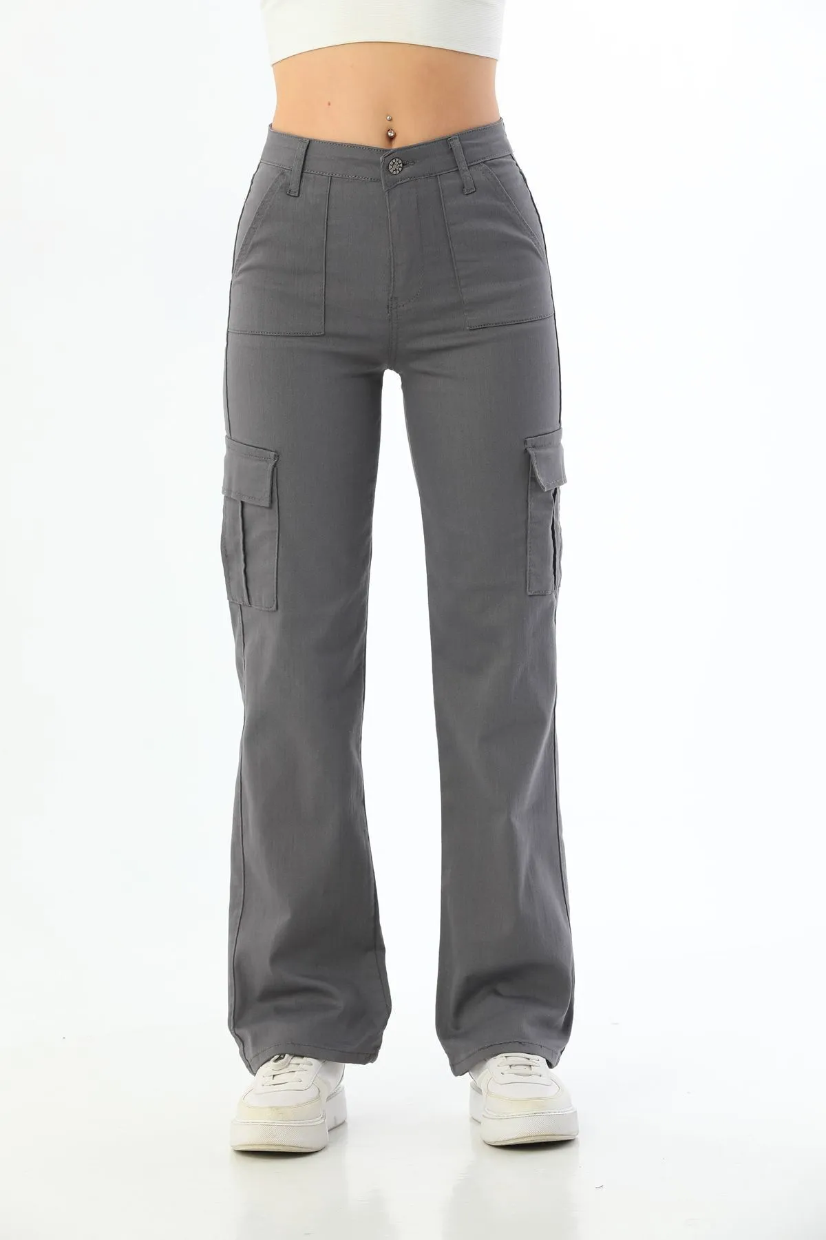 BİKELİFE  Graue Cargo-Hose aus Lycra mit hoher Taille und weitem Bein und Tasche