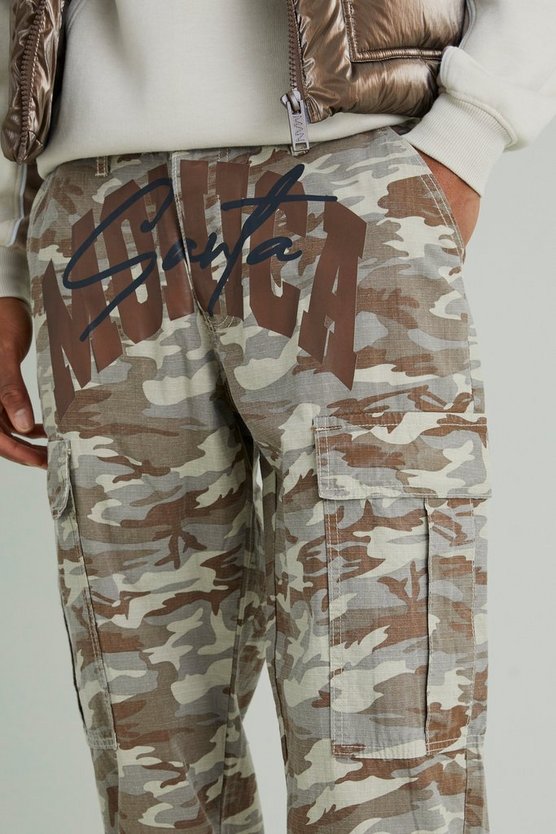 Lockere Camouflage Cargo-Hose mit Slogan-Print