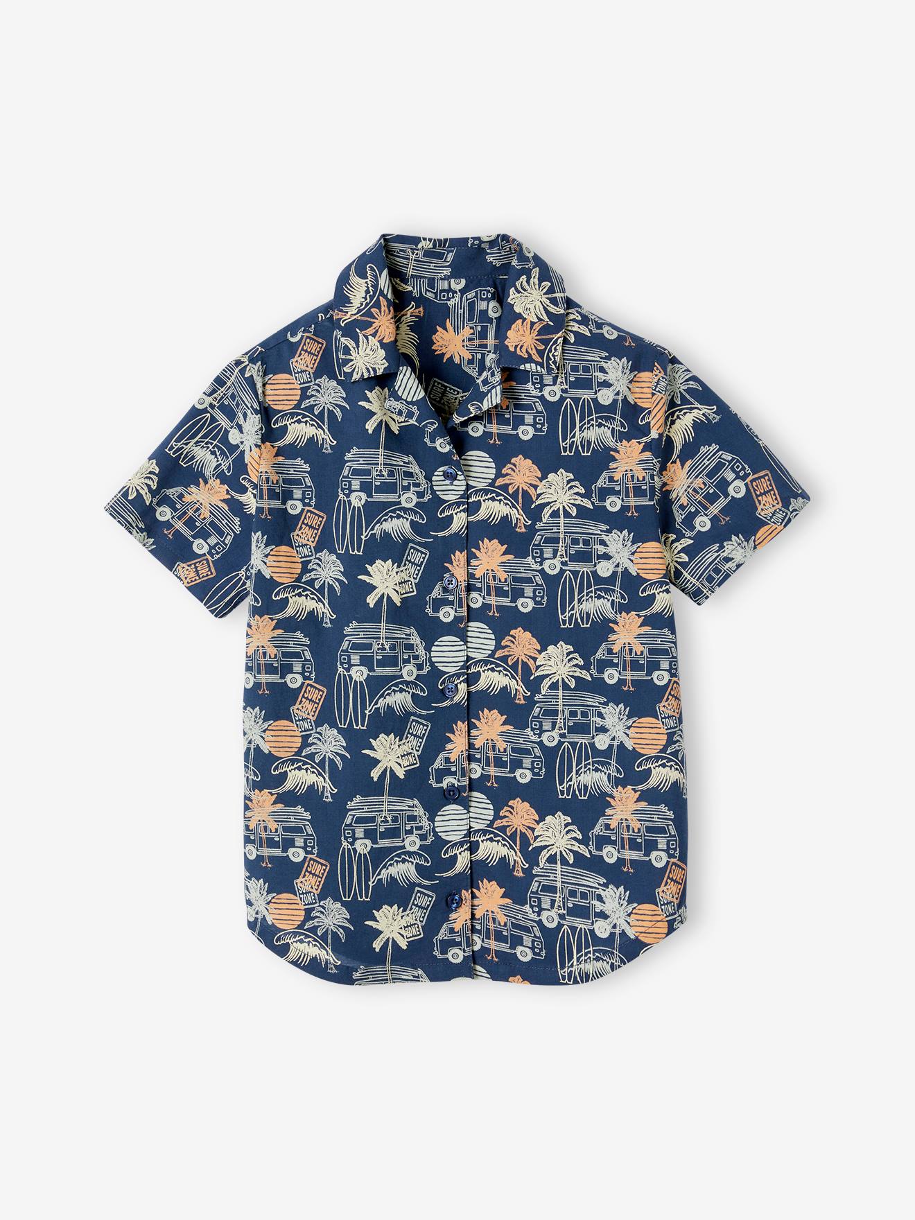 Vertbaudet Jungen Hawaiihemd mit kurzen Ärmeln - blau bedruckt