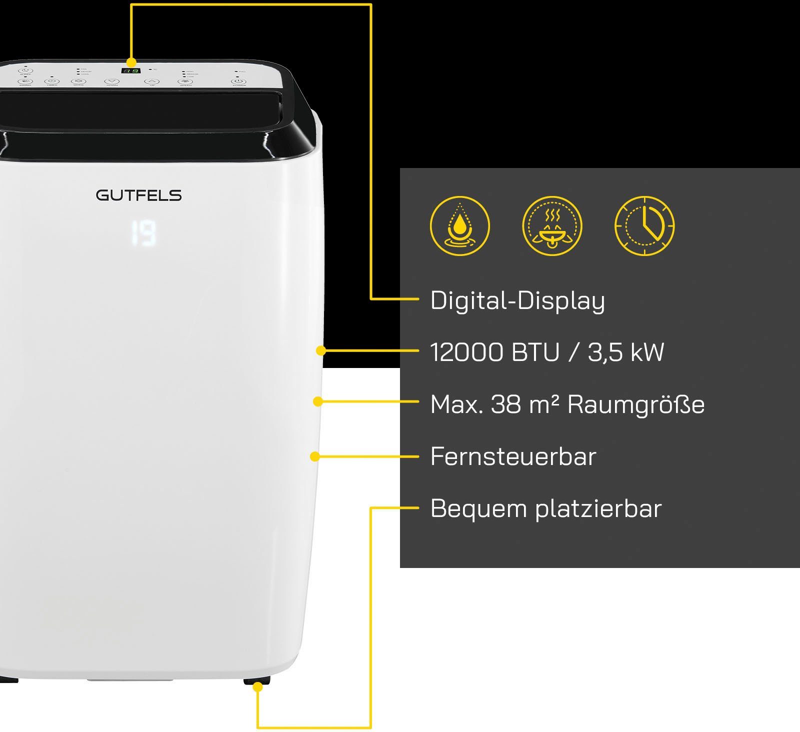 Gutfels 3-in-1-Klimagerät CM 61249 we, Luftkühlung - Entfeuchtung, geeignet für 38 m² Räume