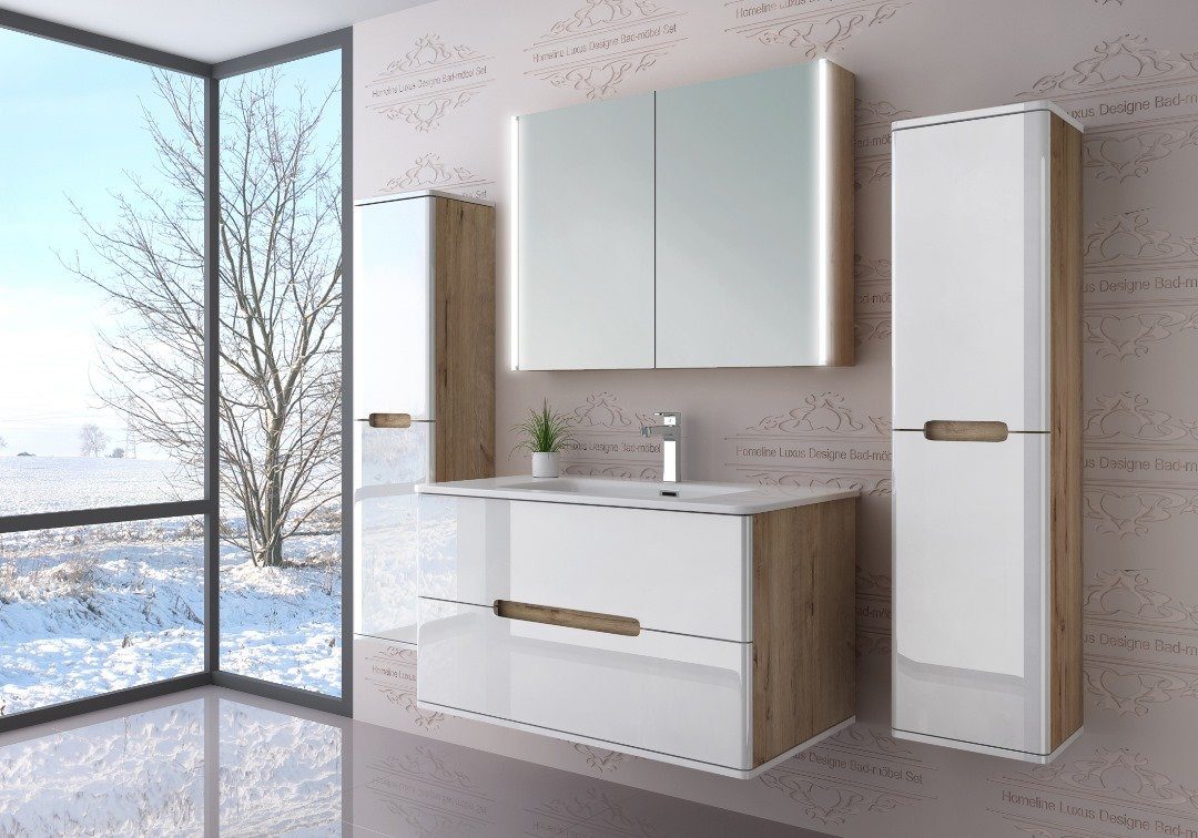 Homeline Badezimmer-Set Badezimmer Möbel Badmöbel Set Eiche/Weiß Hochglanz Spiegelschrank, (5 Tlg, 5-St., Badezimmer Möbel), Soft close system