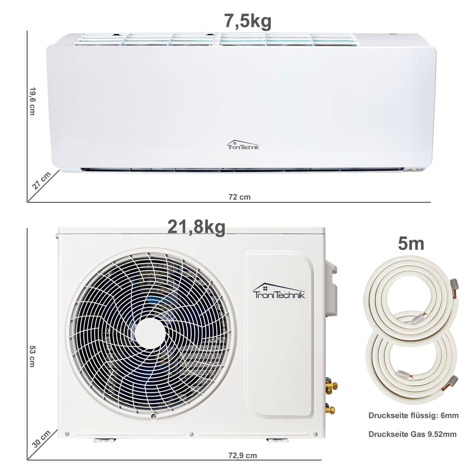 TroniTechnik Split-Klimagerät Reykir 9000 mit UV-C Filter, A++ EEK, Raumthermostat,mit Wandhalterung, Kühlung,Heizung,Ventilation (6-Stufen Ventilator),Entfeuchtung