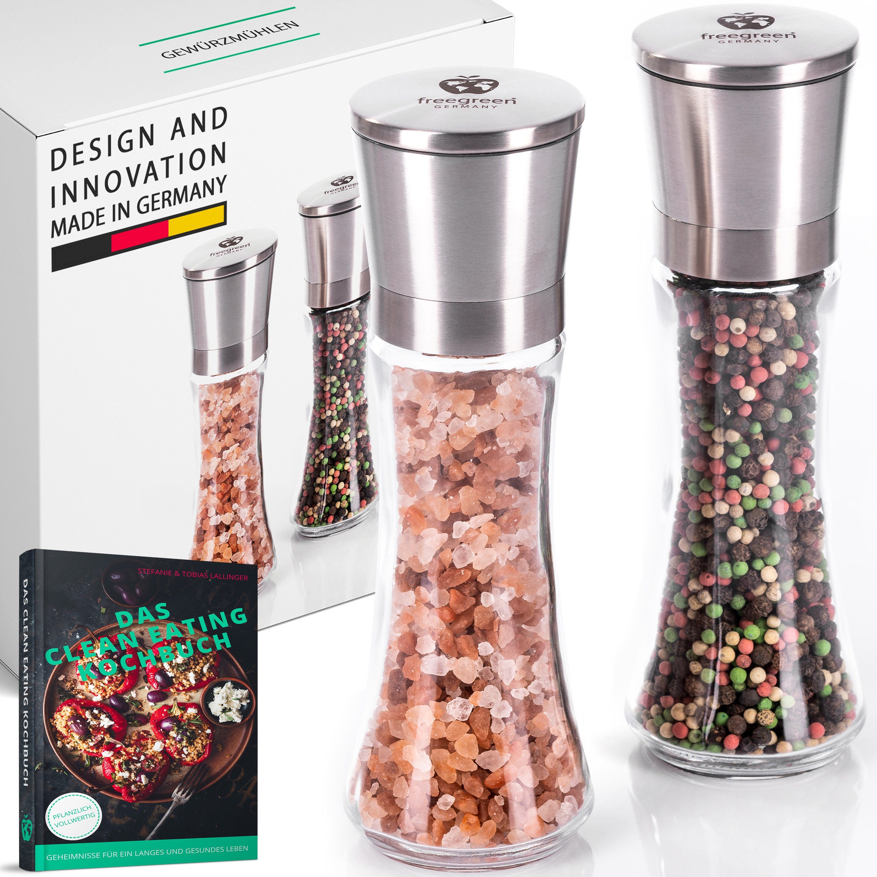 freegreen® Gewürzmühle PREMIUM Salz und Pfeffermühle 19cm 2er Set + Clean Eating Kochbuch Manuell für ein einzigartig gleichmäßiges Mahlergebnis!, mit verstellbarem Keramik-Mahlwerk und Geschenkverpackung