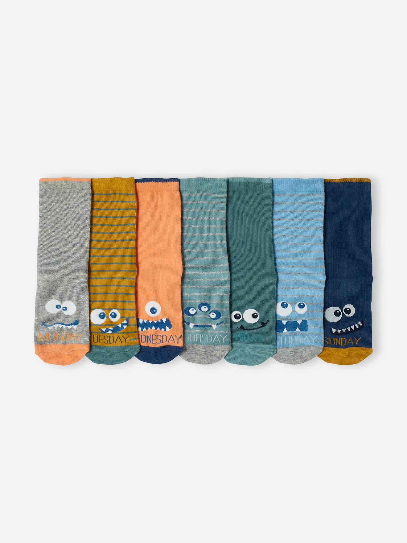 Lot de 7 paires de chaussettes semainier monstres vert