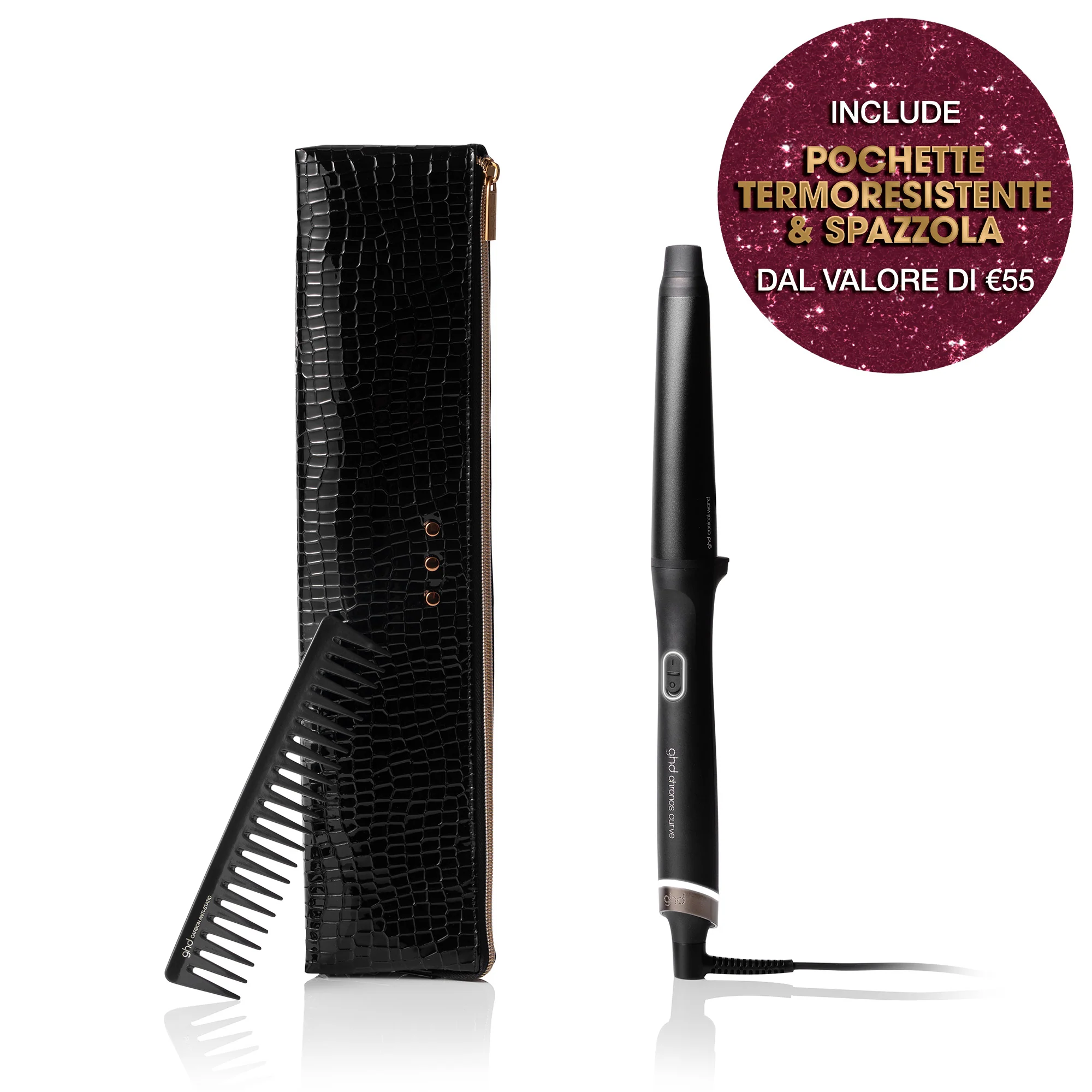 Set cadou ondulator conic Chronos Curve - Ondulator profesional + pieptene descurcător - Seturi de păr, Placă de îndreptat părul, Perii