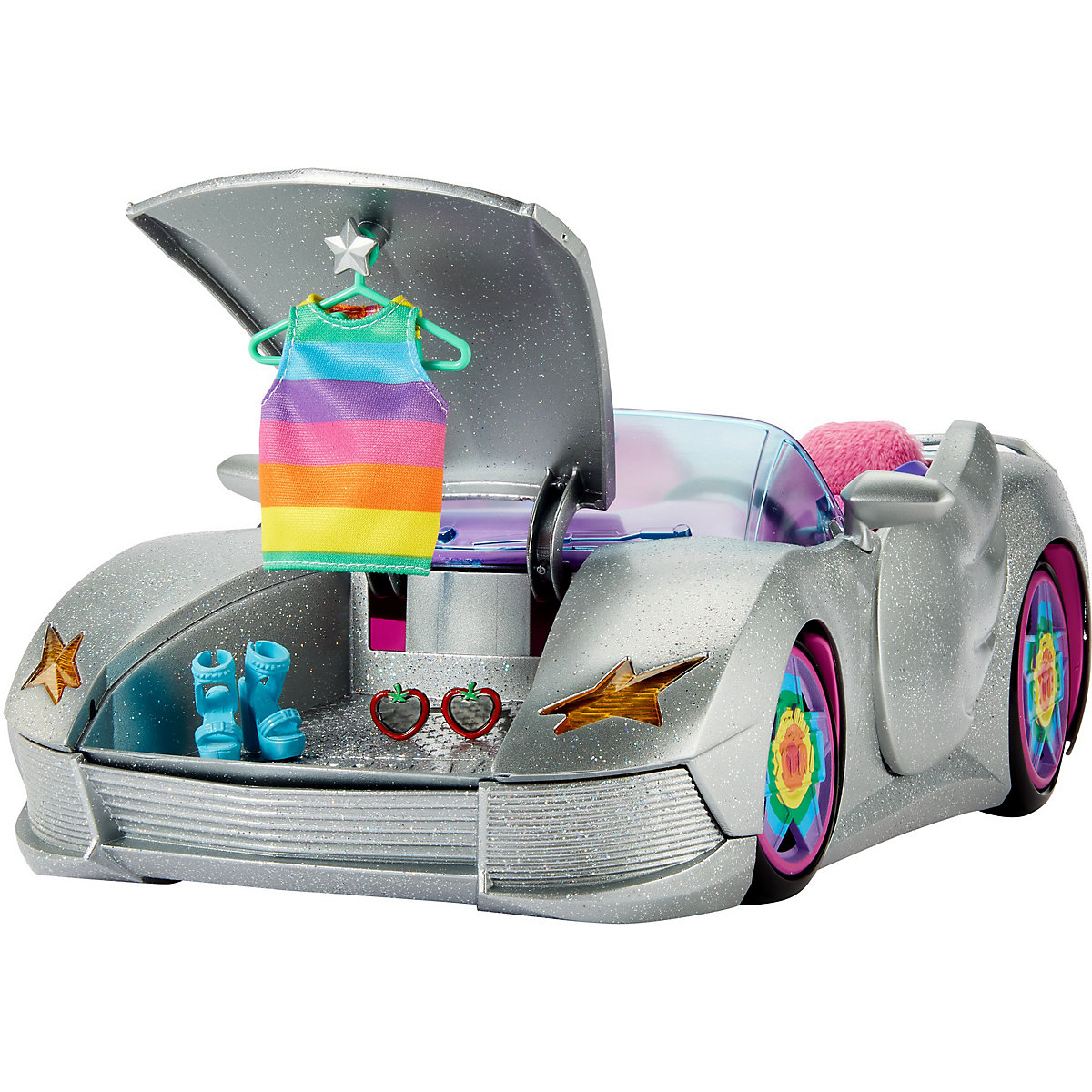 Barbie Extra Auto Cabrio (glitzert) mit Regenbogen Reifen, Zubehör