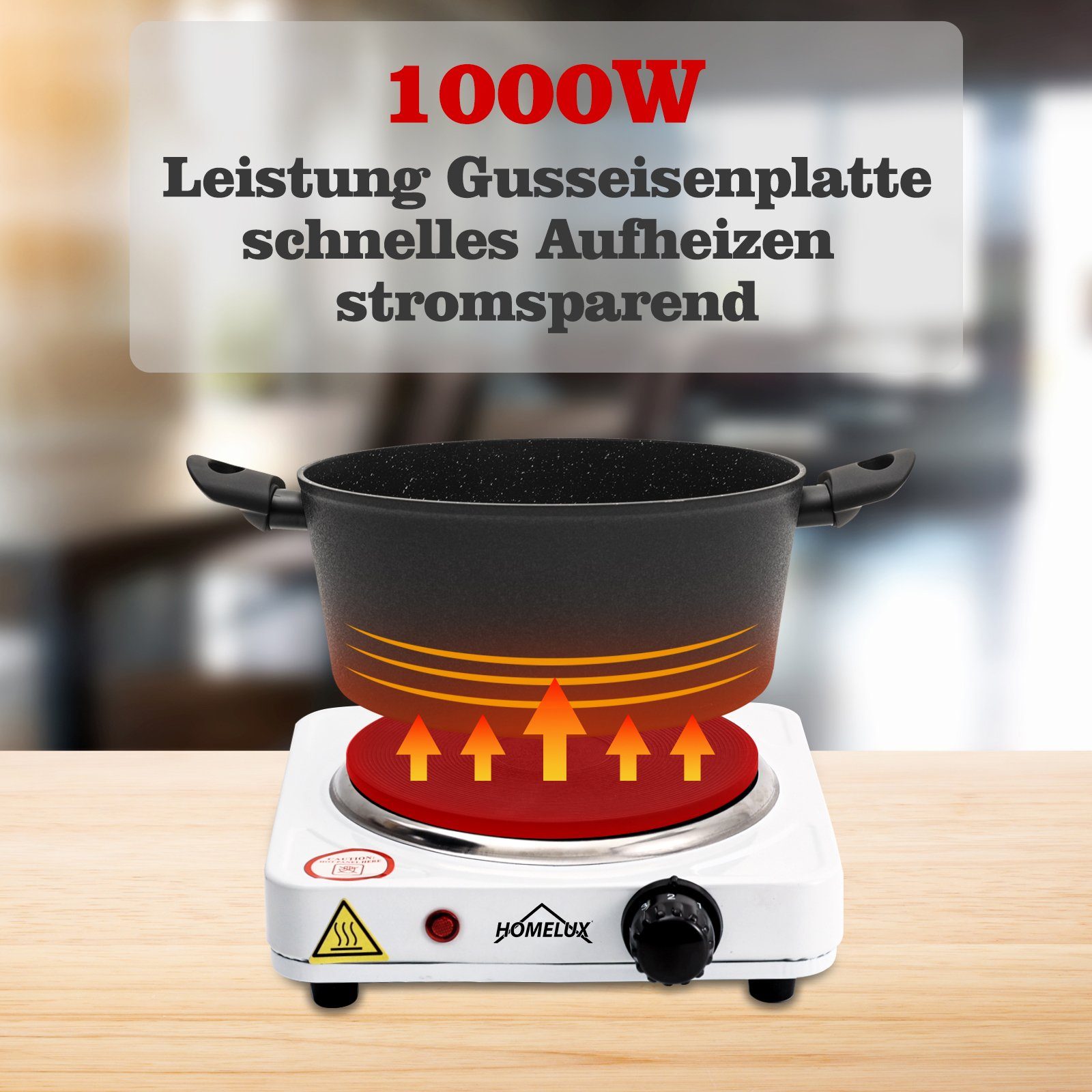 HOMELUX Einzelkochplatte Kochplatte Edelstahl Herdplatte Kochfeld, 5 Leistungsstufen, 16cm/1000W; 18cm/1500W