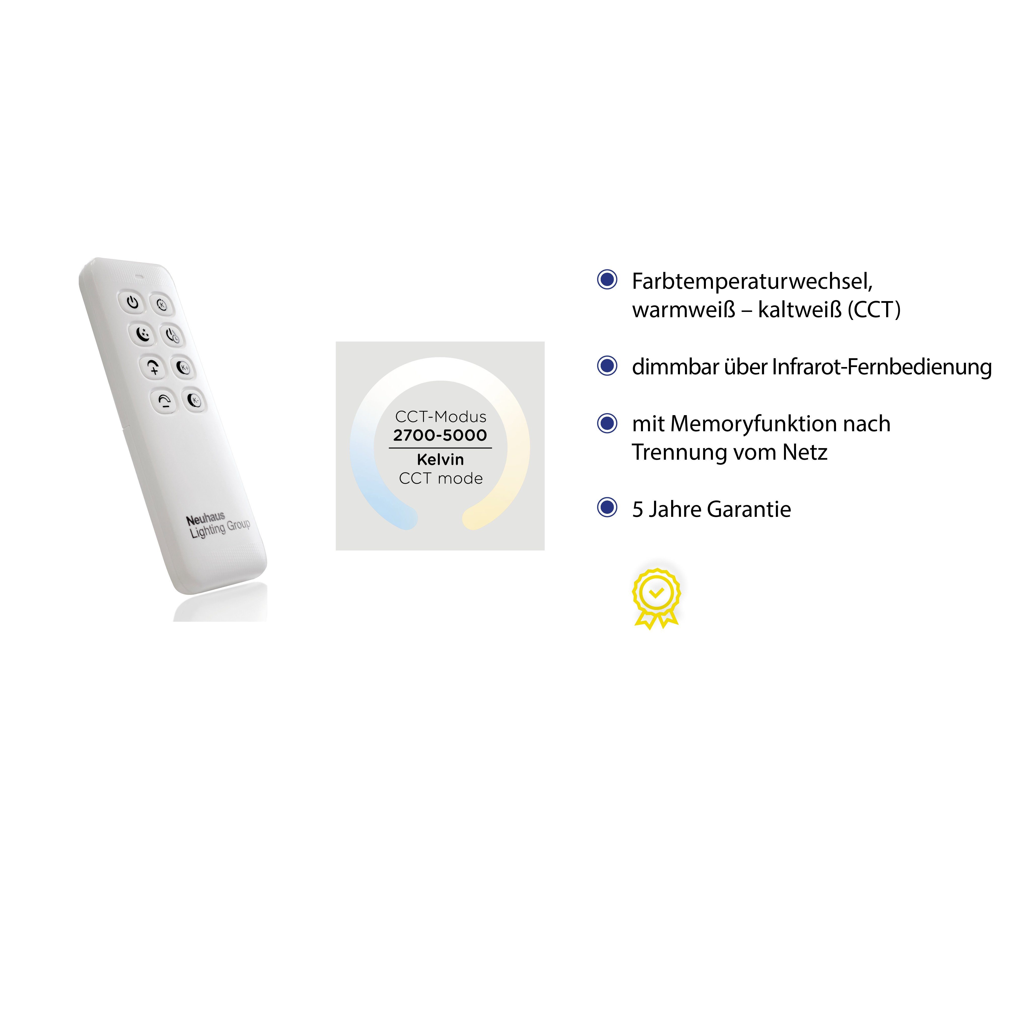 Paul Neuhaus LED Deckenleuchte ALESSA, CCT - über Fernbedienung, Dimmfunktion, Fernbedienung, Infrarot inkl., Memory, nach Trennung vom Netz, LED fest integriert, warmweiß - kaltweiß, LED