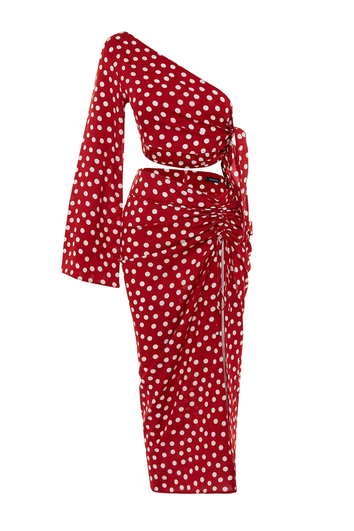 Trendyol Collection  Gewebtes Blusen-Rock-Set mit gepunktetem Punktmuster und Schlitz, einzelne Schulter, TBESS23AU00086