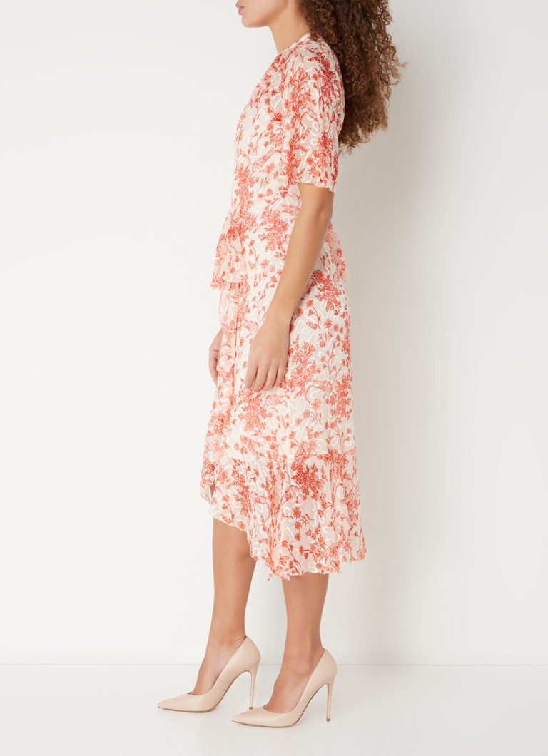 Vestido túnica midi semitransparente Thea de LKBennett, en mezcla de seda con estampado floral.
