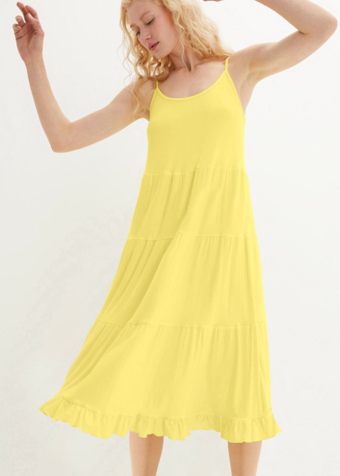 Shirtkleid mit Volants und verstellbaren Spaghetti-Trägern in Midi-Länge, A-Line