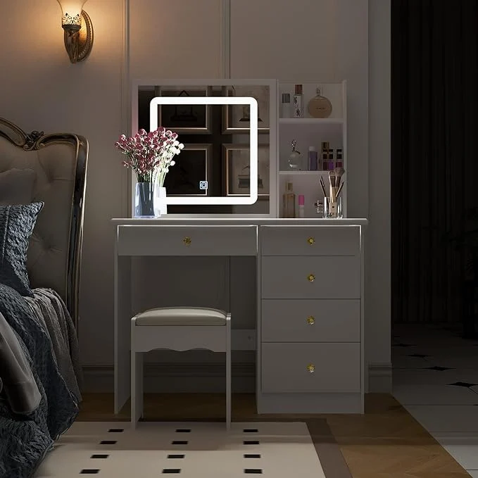 Vanity Stool Set With Sliding Lighted Mirror & Transparent glass panel