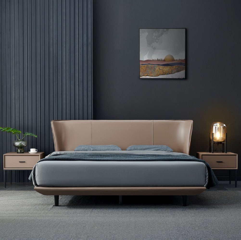 JVmoebel Bett Beiges Kunstleder Schlafzimmer Doppelbett Designer Holzgestell Betten (1-tlg., 1x Bett), Made in Europa