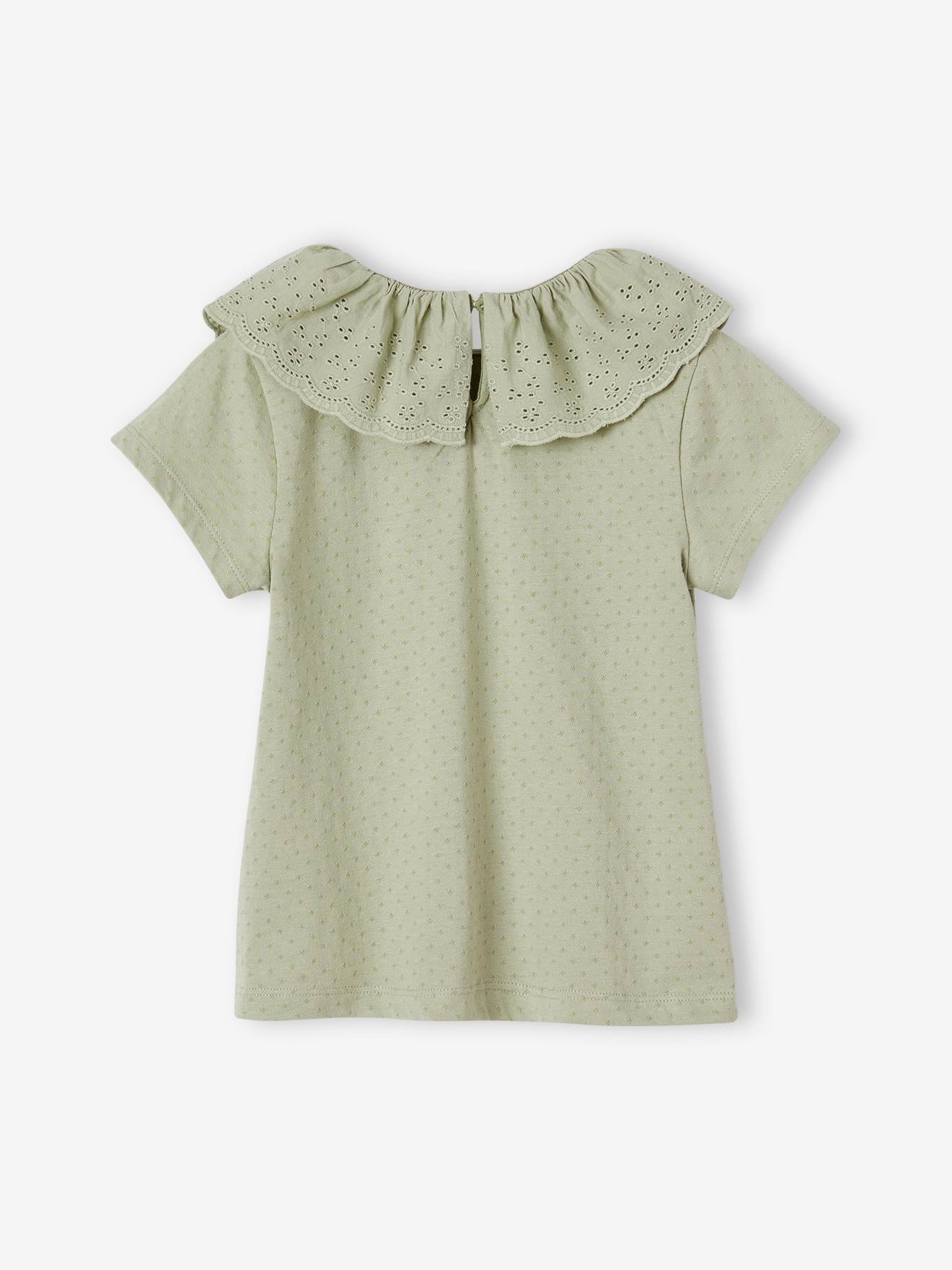Vertbaudet Mädchen T-Shirt, Kragen mit Lochstickerei - wollweiß