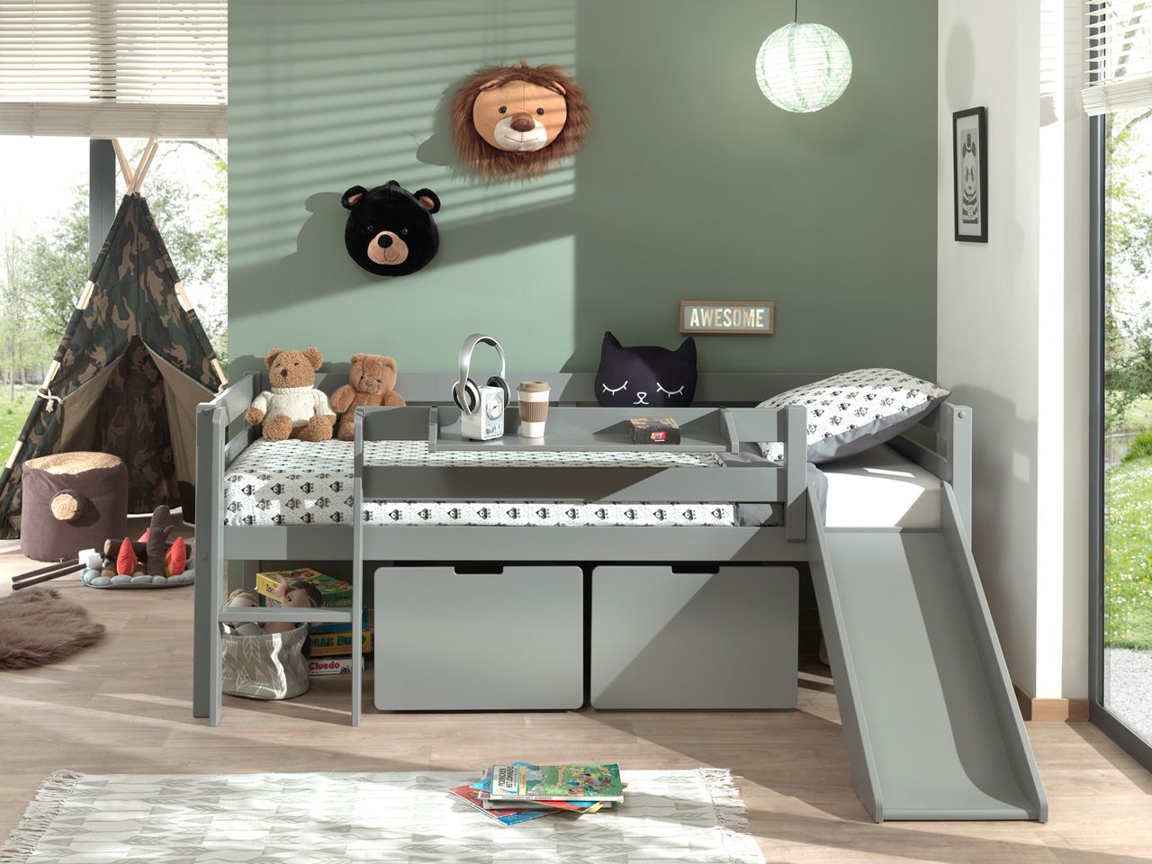 VIPACK Spielbett mit Liegefläche 90 x 200 cm, inkl. Leiter, Regal, Rutsche, Rolllattenrost und 2 Schubkästen, Kiefer und MDF grau lackiert