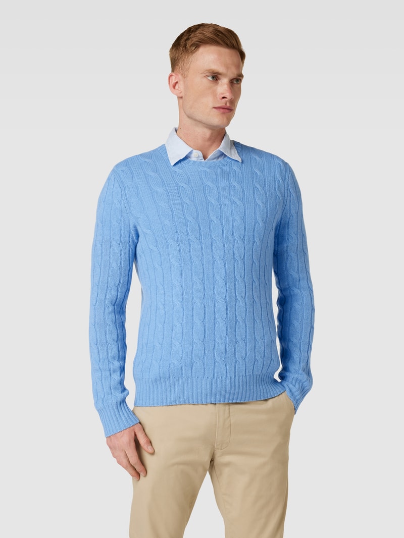 Strickpullover mit Zopfmuster Modell 'CABLE' in hellblau meliert