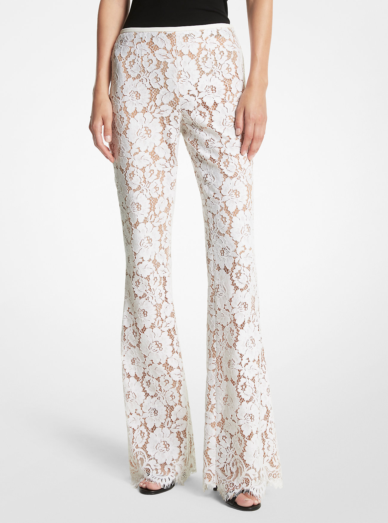 Cotton Blend Floral Lace Flared Trousers - OPTIC WHITE