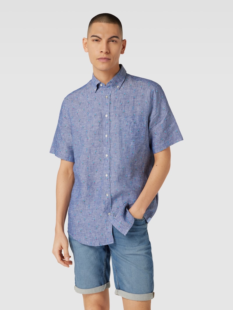 Regular Fit Freizeithemd aus Leinen mit Allover-Muster in rauchblau