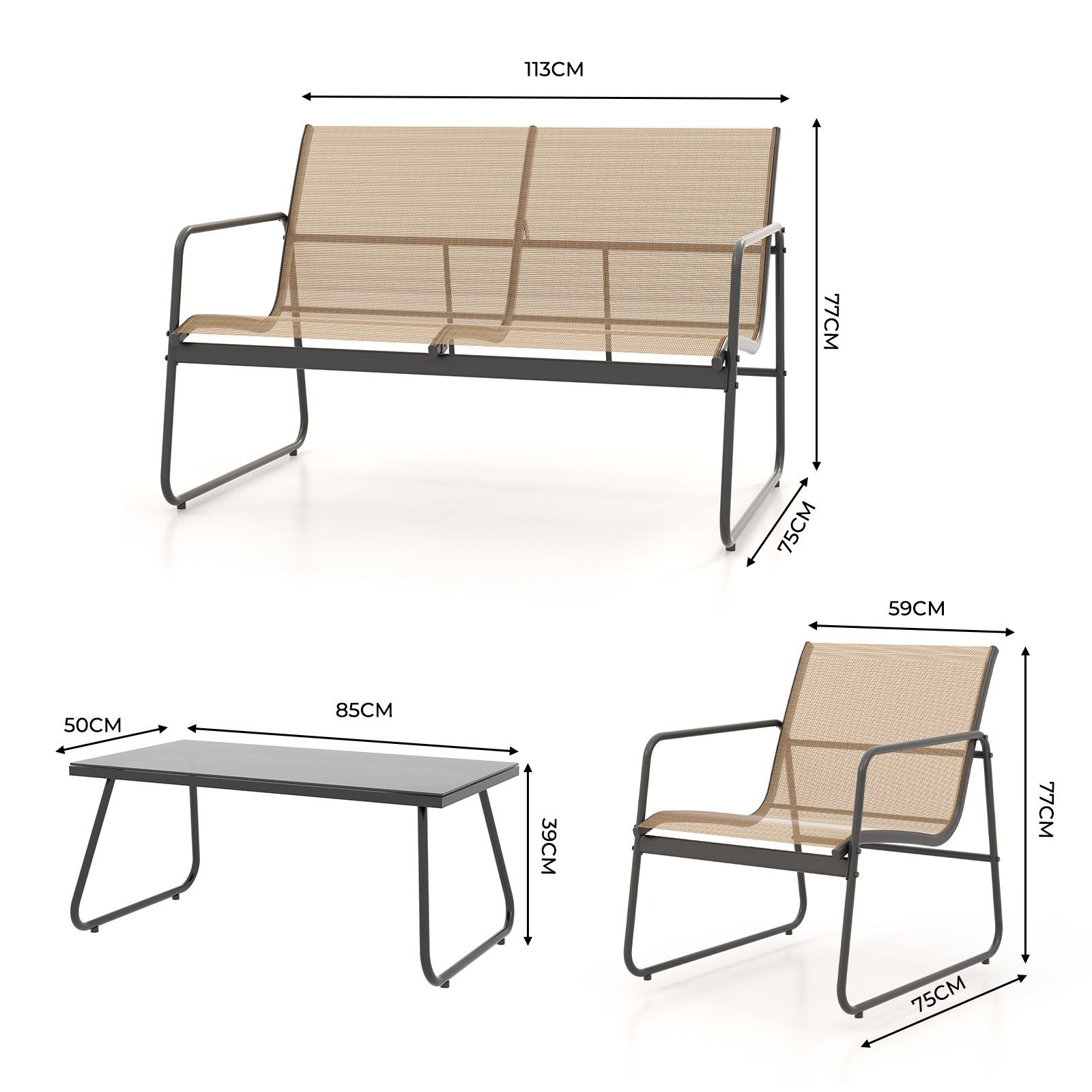 Grand patio Gartenlounge-Set Balkonset, Glas+Stahl, (Set, 4-tlg., 1 Couchtisch, 1 Sitzbank, 2 Stühlen)