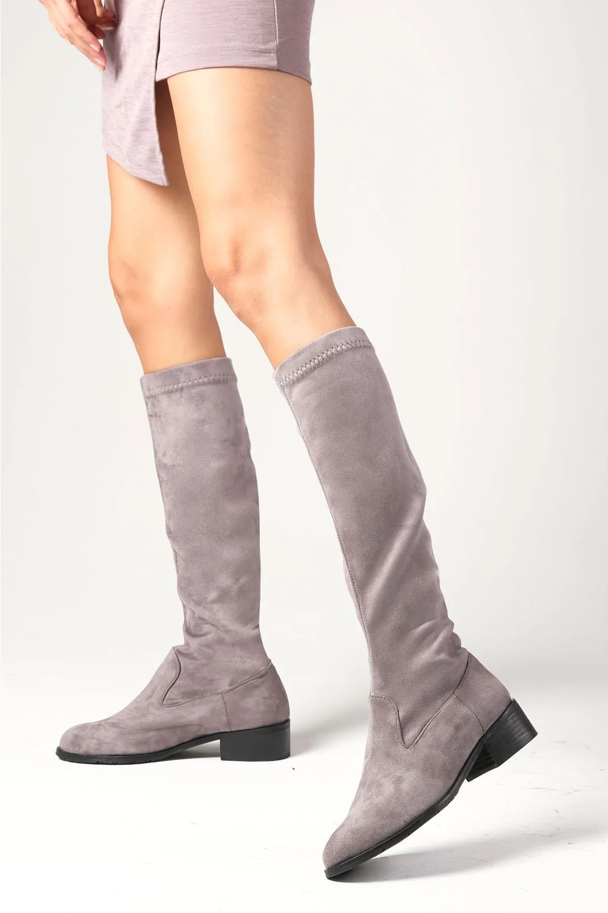 Mio Gusto  Brooklyn Graue Damen-Stretchstiefel aus Wildleder unterhalb des Knies