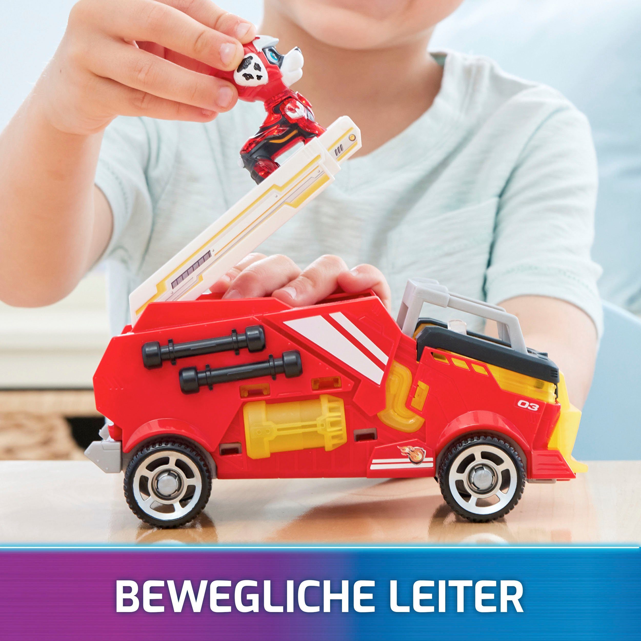 Spin Master Spielzeug-Auto PAW Patrol, Der Mighty Kinofilm: Superhelden-Basis-Fahrzeug, von Marshall Löschzug mit Welpenfigur, Licht- und Soundeffekt