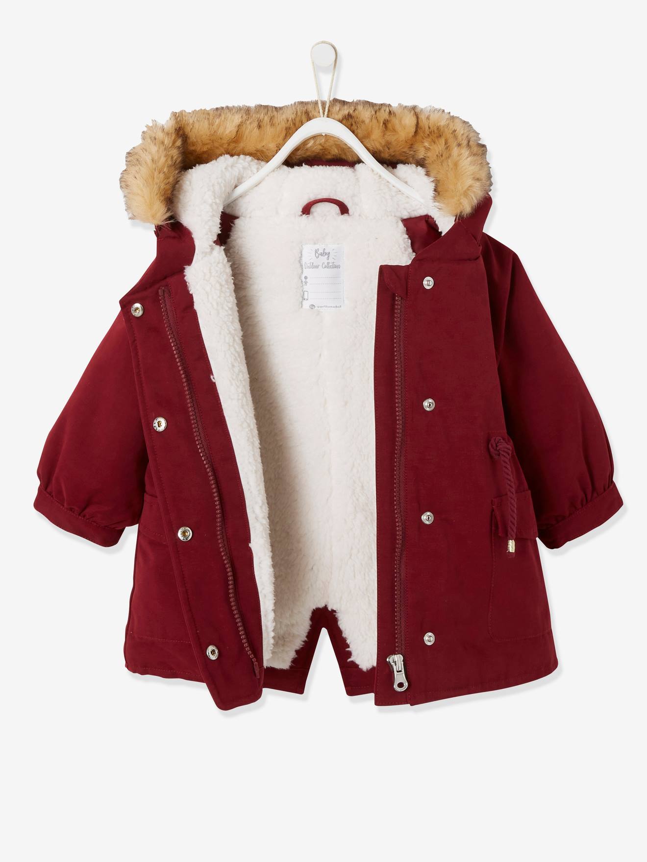 Parka à capuche bordée de fausse fourrure bébé bordeaux