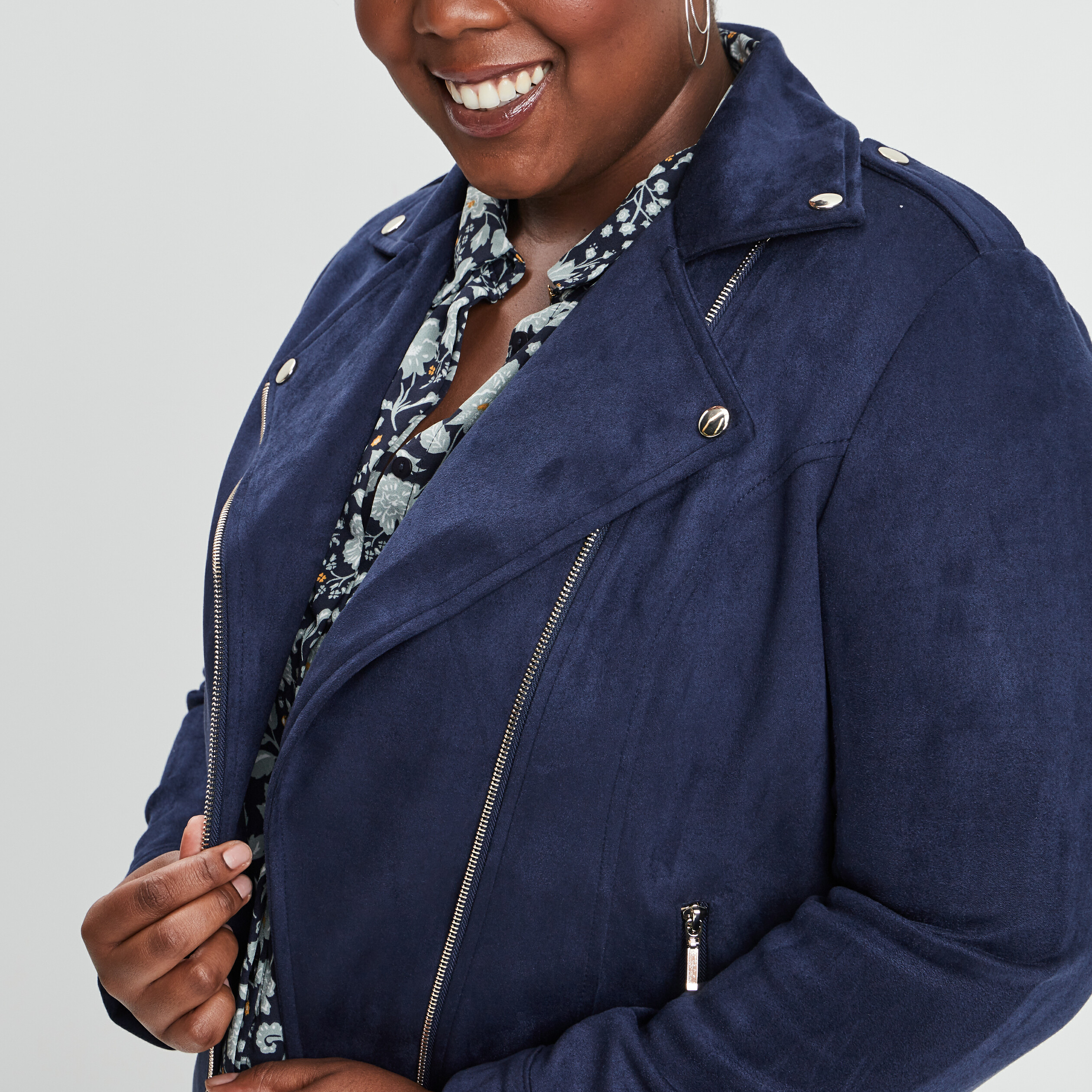 Blouson zippé effet suédine style biker bleu marine femme grande taille | La Halle