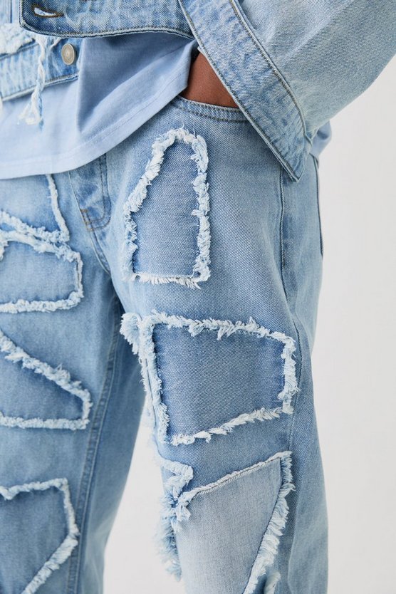 Lockere zerrissene Patchwork Jeans in Hellblau