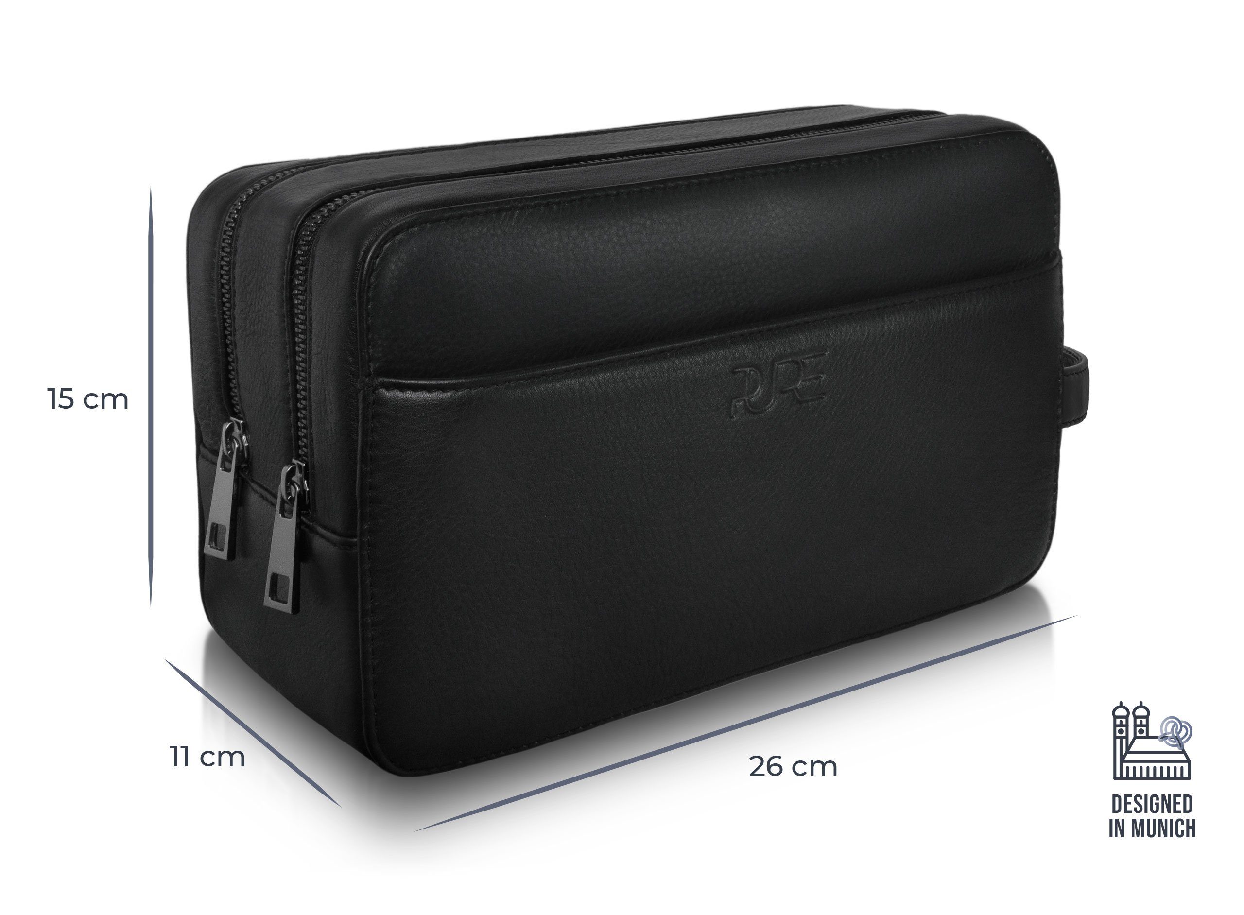 PURE Leather Studio Kulturbeutel Atlas, Handgefertigte Kulturtasche aus Rindsleder Waschtasche zum Reisen