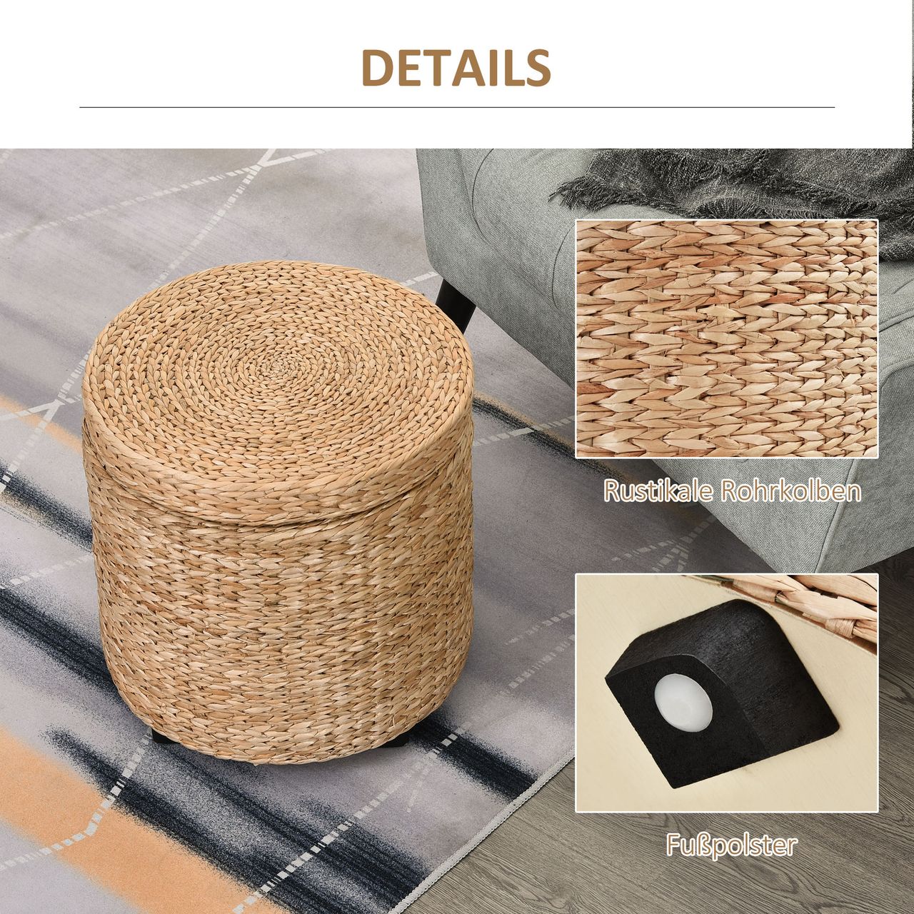 HOMCOM Sitzhocker mit Stauraum, Fußhocker, Fußstützen Hocker, Aufbewahrungsbox, Deckel Abnehmbar, Stroh Rattan, Khaki, Ø43 x 43 cm