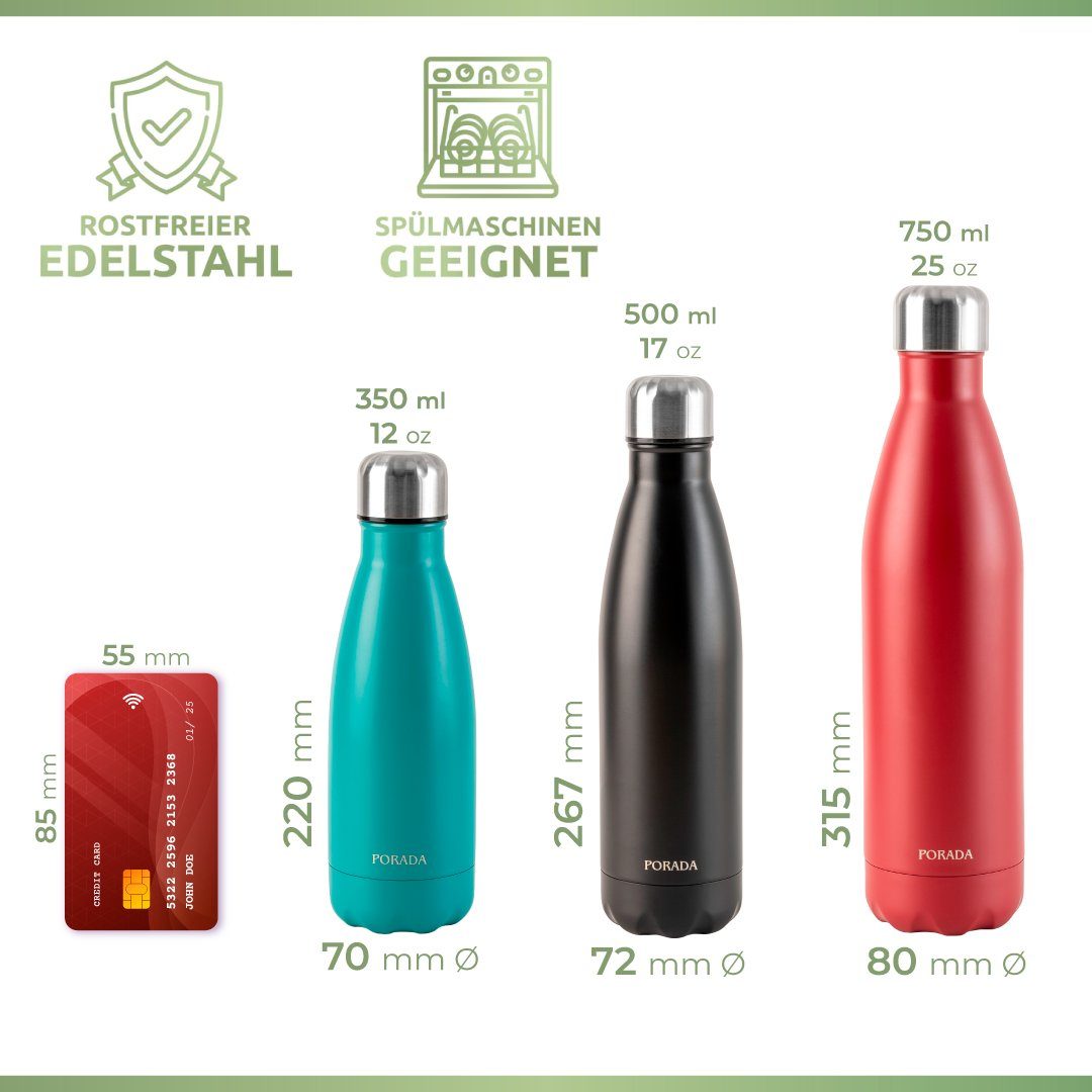 PORADA Isolierflasche Trinkflasche Edelstahl Thermoflasche Doppelwandig 350/500/750 ml, Edelstahl, rostfrei, Spülmaschinenfest