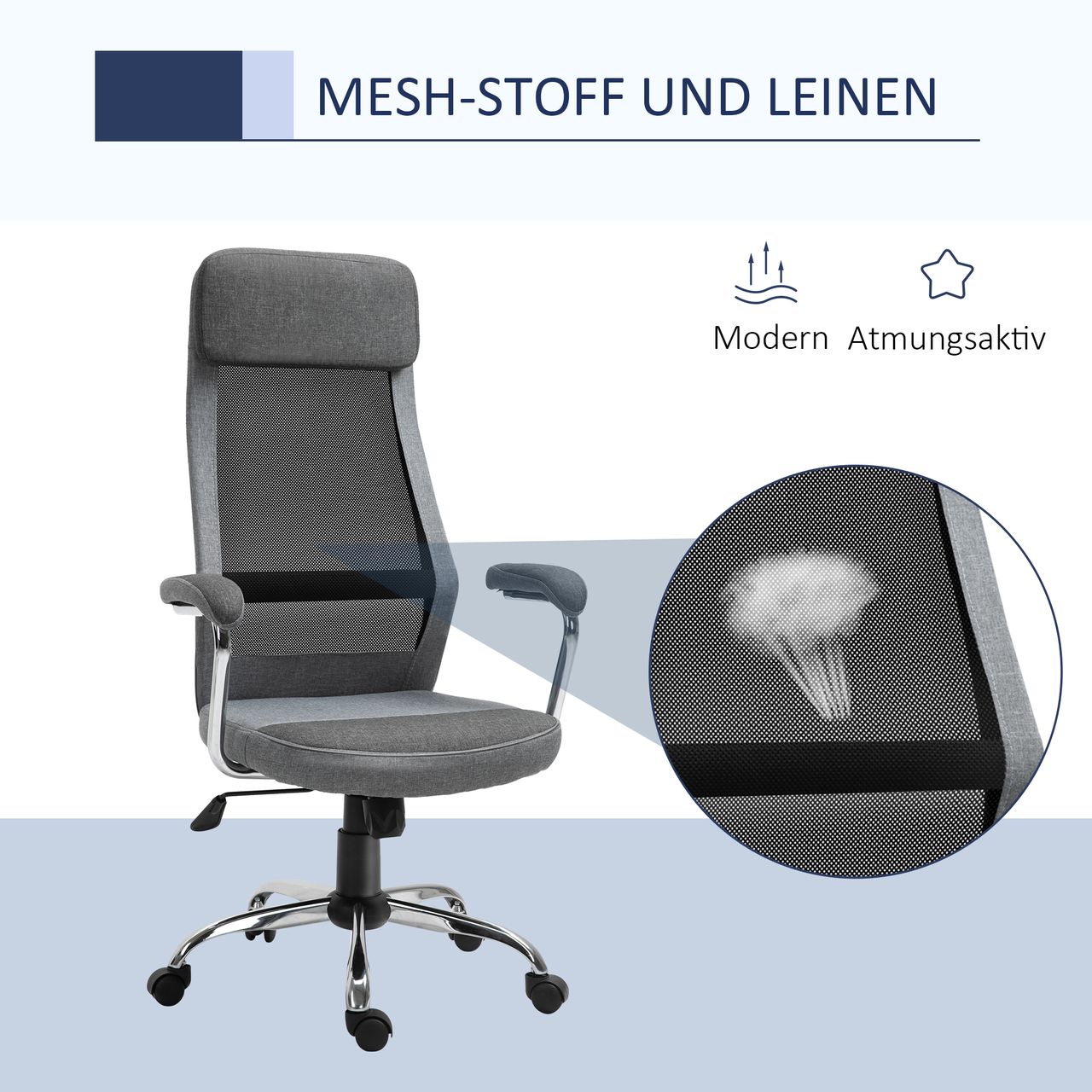 Vinsetto Bürostuhl Computerstuhl ergonomischer Schreibtischstuhl Höhenverstellung und Kopfstütze mit Schaumstoff nordischer Stil hellgrau schwarz 65 x 60 x 119-129 cm