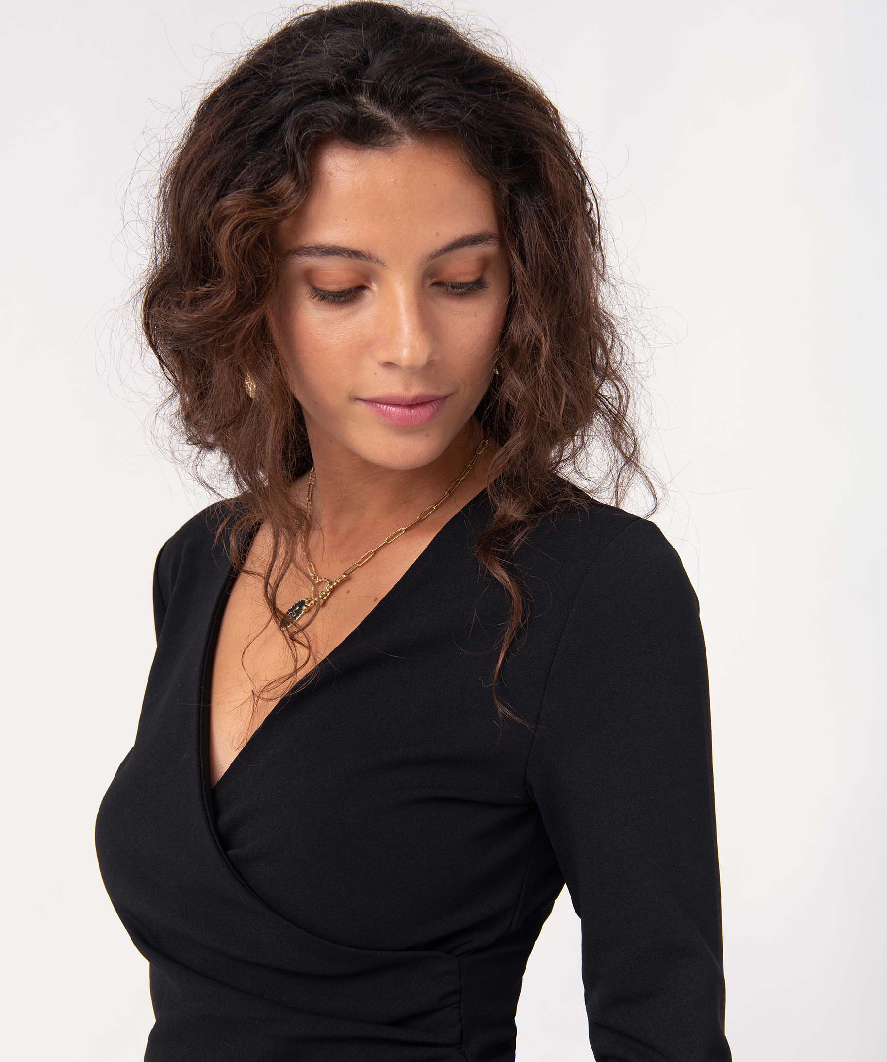 Robe femme ajustée effet drapé à manches longues noir | GEMO