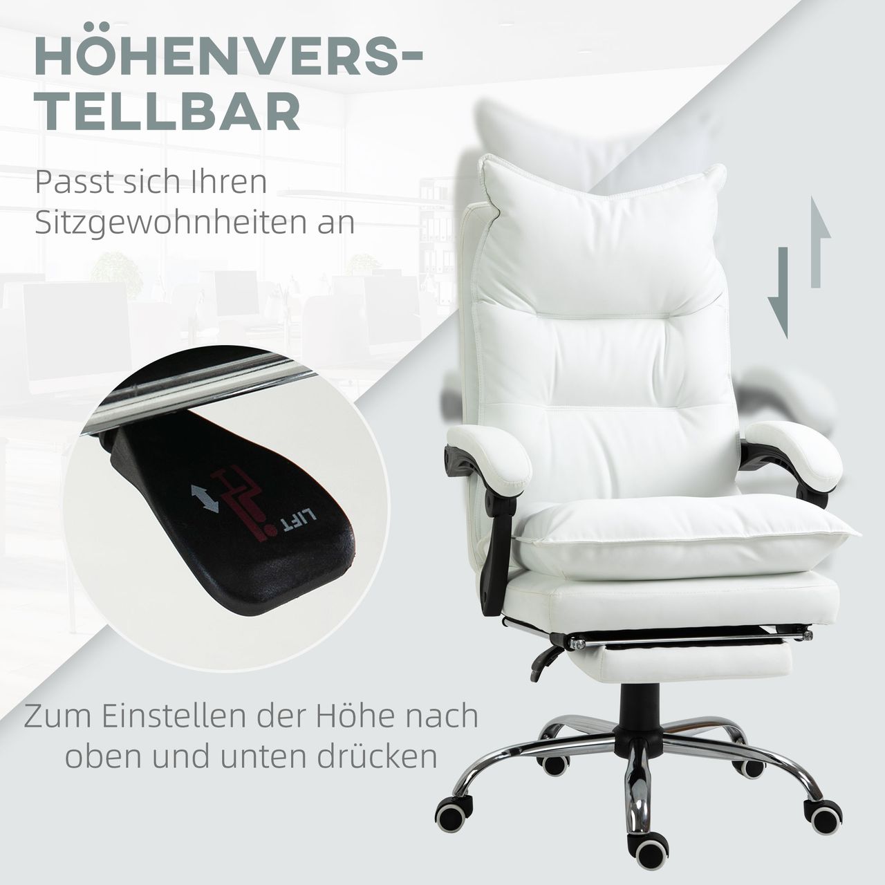 Vinsetto Bürostuhl mit Fußstütze höhenverstellbarer Schreibtischstuhl Drehstuhl Rückenlehne Kunstleder Weiß 66 x 72 x 122-130 cm
