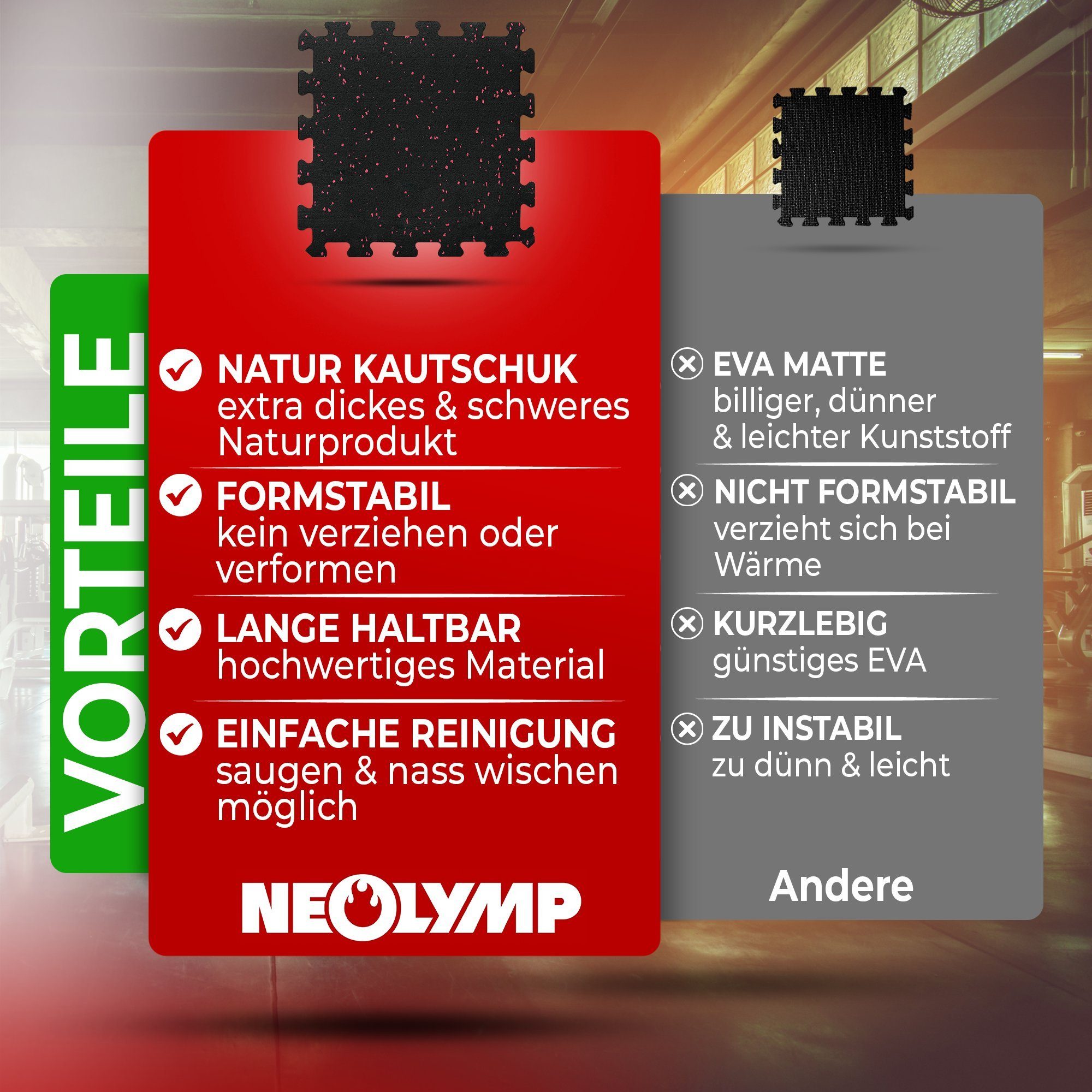 NEOLYMP Bodenmatte Profi-Sportboden SF210 1 Stück (8 Puzzlestücke inkl. Randteile), Premium-Studioqualität, Naturkautschuk, Dichte von 7100g/m³