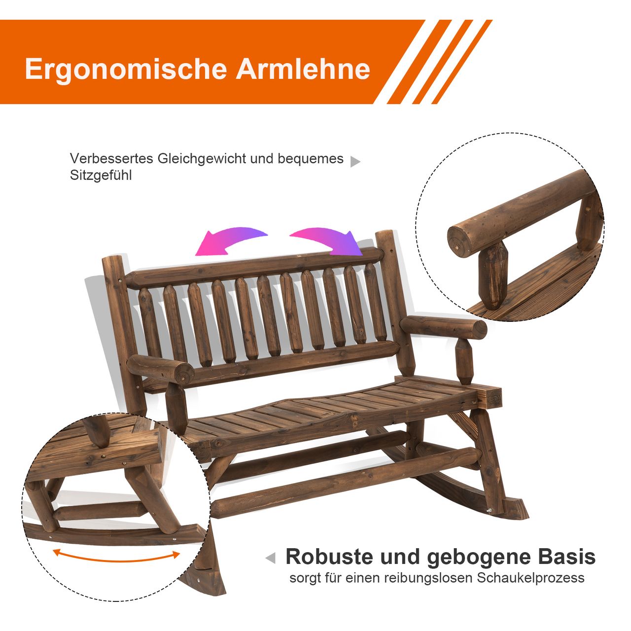 Outsunny Schaukelstuhl mit Armlehne Gartenstuhl Schwingsessel Massivholz Dunkelbraun 112 x 67 x 93 cm