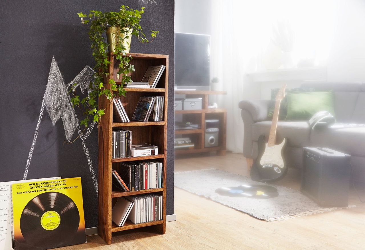 Wohnling CD Regal Massivholz Sheesham Standregal 90 cm hoch CD-Aufbewahrung 5 Fächer Bücherregal natur Landhaus-Stil