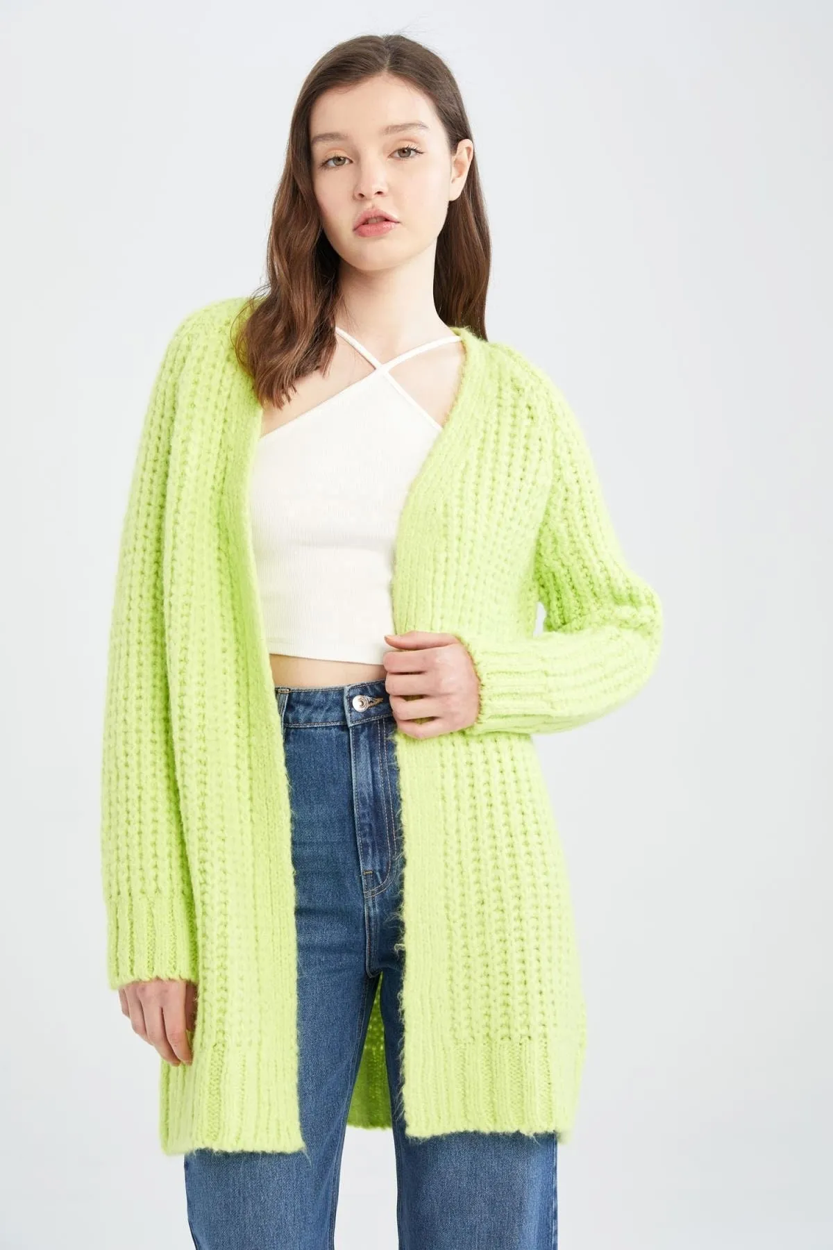 DeFacto  Long Fit V-Ausschnitt Weich strukturierte lange Basic-Strickjacke U6718az22au