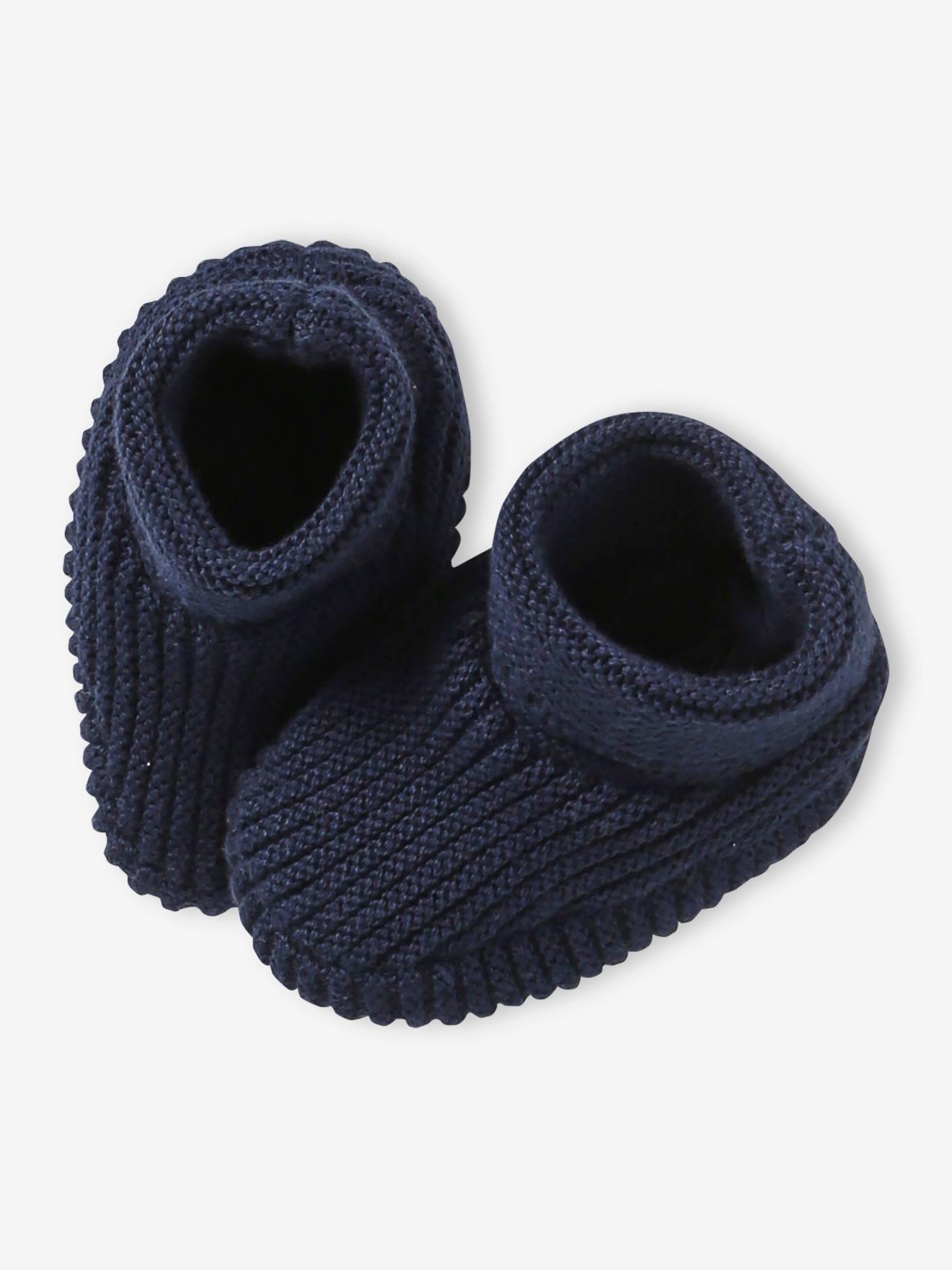 Ensemble bonnet, moufles et chaussons bébé naissance et son sac assorti marine