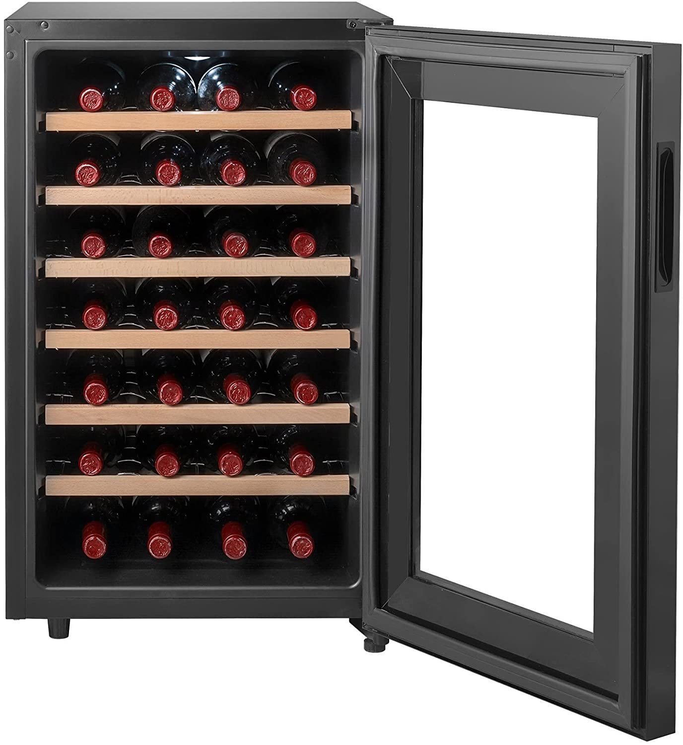 CLIMADIFF Weinkühlschrank CC28, Glastür, 28 Flaschen Wein, Flaschenkühlschrank Kühlschrank, für 28 Standardflaschen á 0,75l,Design Weinkühler, Getränkekühlschrank 35x46x48cm Weinschrank Wein