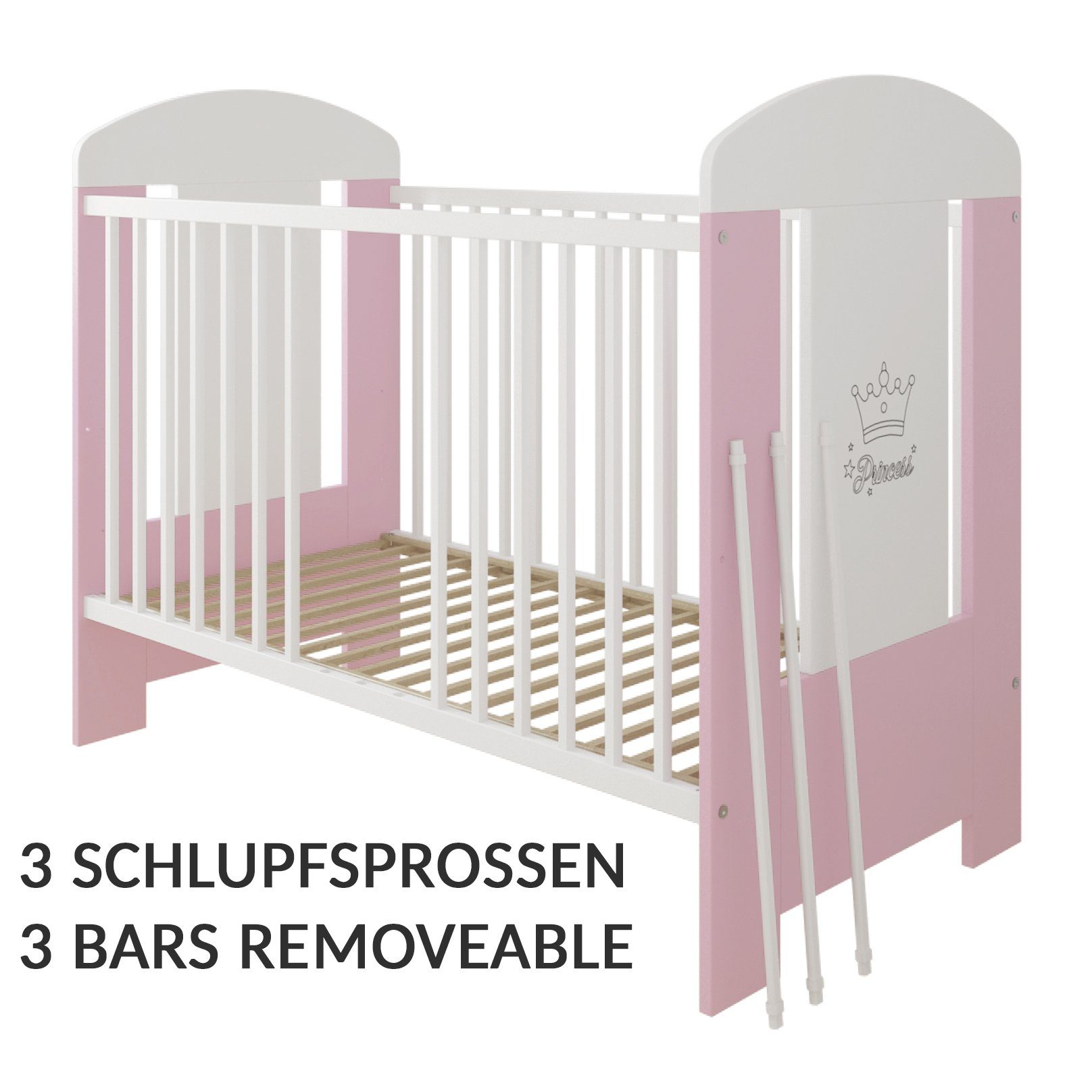 LCP Kids Kinderbett Princess 60x120 cm (1-tlg., Bett ohne Matratze, ohne Bettkasten), 3 entnehmbare Schlupfsprossen an einem Seitenteil, einfache Montage