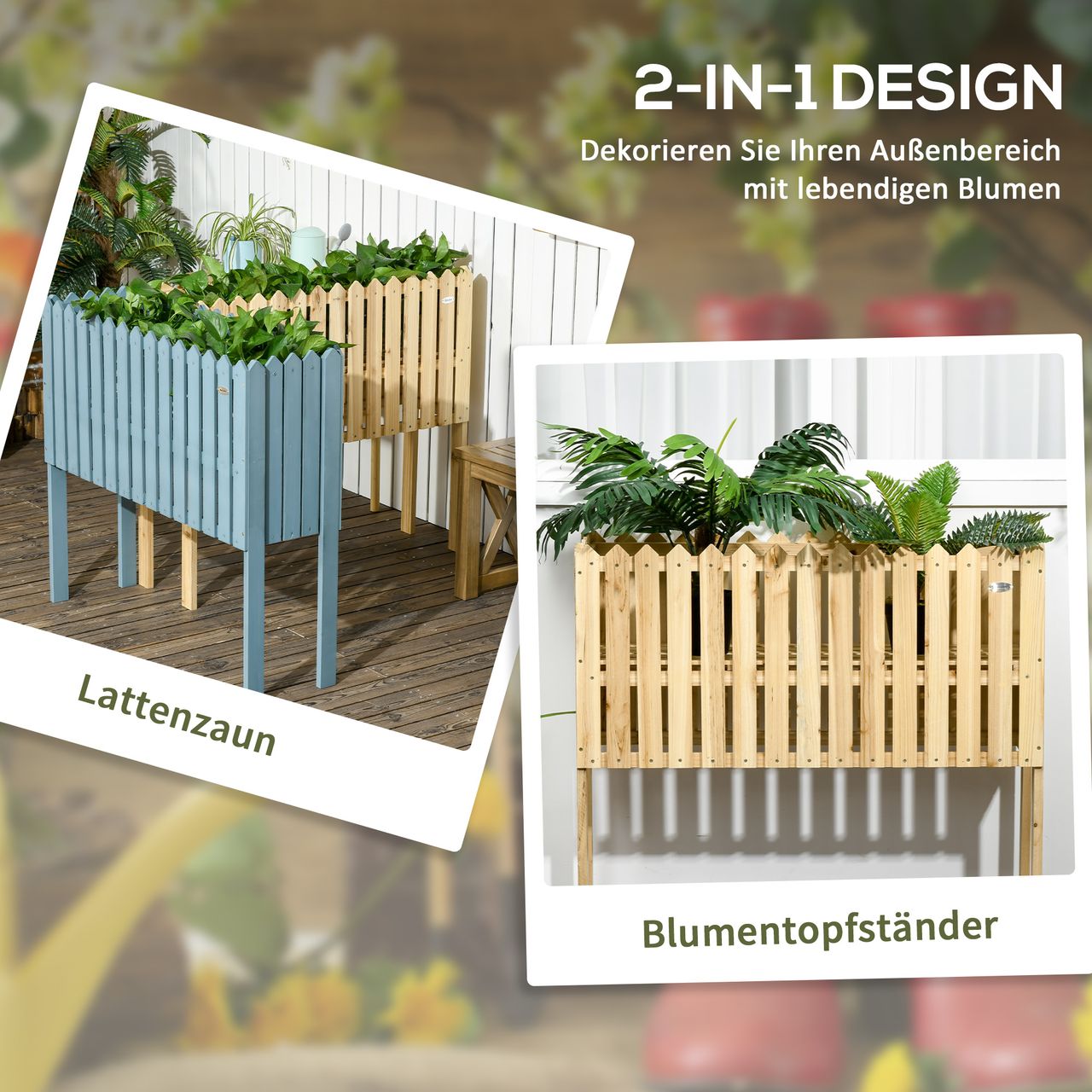 Outsunny Gartenzaun, 2-in-1 Holzzaun mit Blumentopfständer