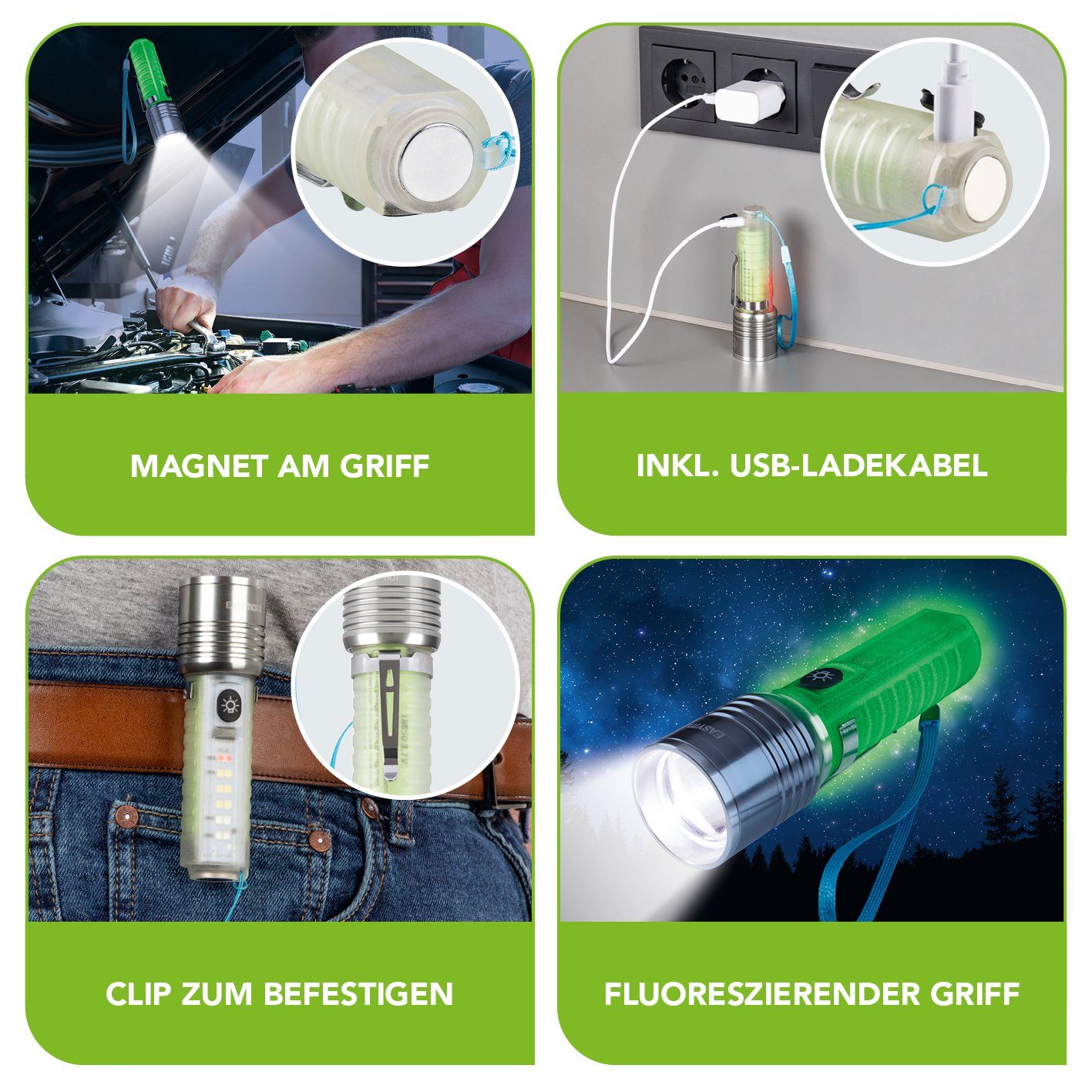 EASYmaxx LED Taschenlampe LED Outdoorgeeignet 5 V transparent/chrom, USB Aufladbar, 8 Leuchtmodi, bis zu 500m Reichweite