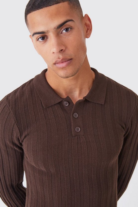 Langärmliges geripptes Muscle-Poloshirt