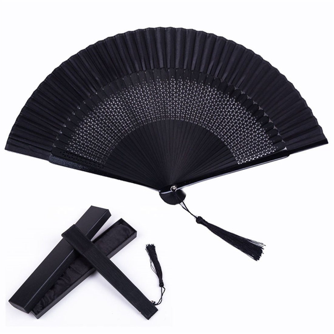 DÖRÖY Handfächer Schwarzer Faltfächer, klassischer Tanzfächer, Faltfächer, Handfächer