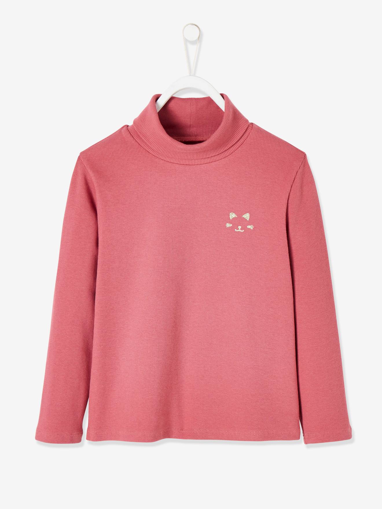 T-shirt col roulé Basics fille motif chat irisé poitrine gris chiné