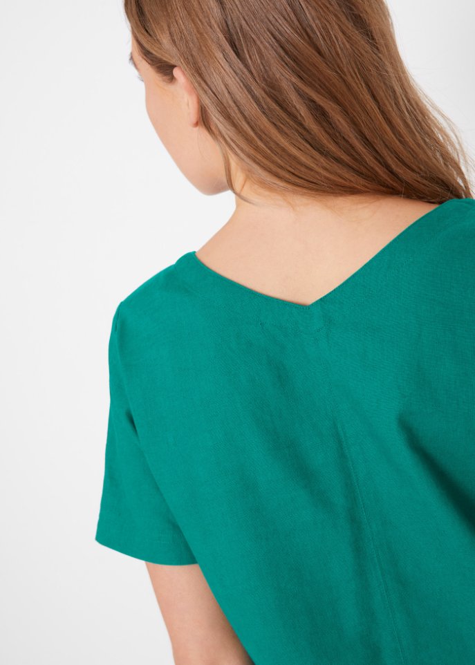 Knielanges Kleid mit Leinen und V-Ausschnitt, Halbarm