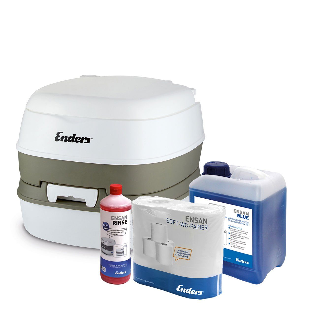Enders® Campingtoilette Starter-Set Blue Comfort, (Spar-Set, 1L RINSE + 2,5L BLUE + 4 Rollen selbstauflösendes Toilettenpapier), Kolbenpumpe, geringes Gewicht, glatte und hygienische Oberfläche