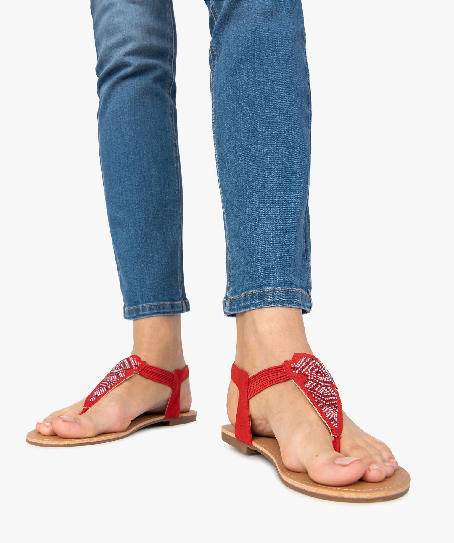 Sandales femme à entre-doigts brides élastiquées à strass rouge | GEMO