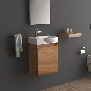 Alpenberger Badmöbel-Set Badschrank in Bamboo Optik mit Keramik Waschbecken, (2-tlg., Badmöbel Set Vormontiert), Eckig ovales Becken mit Überlauf, eintüriger Badschrank mit Softclose